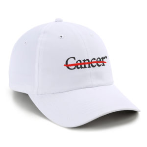 Imperial white sun protection hat with mesh sides, black chin strap, End Cancer embroidery on front